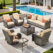 XIZZI 8-Piece Patio Furniture Set Outdoor Furniture with 4 Swivel Rocking Chairs, High-Back All-Weather Rattan Wicker Outdoor Conversation Set with Solar Light Coffee Table Beige