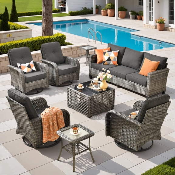 XIZZI 8-Piece Patio Furniture Set Outdoor Furniture with 4 Swivel Rocking Chairs, High-Back All-Weather Rattan Wicker Outdoor Conversation Set with Solar Light Coffee Table Black