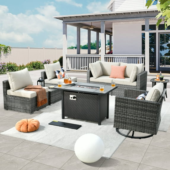 XIZZI 8 Pieces Outdoor Furniture Sectional Sofa Patio Set with Swivel Rocking Chair and Fire Pit Table,Beige