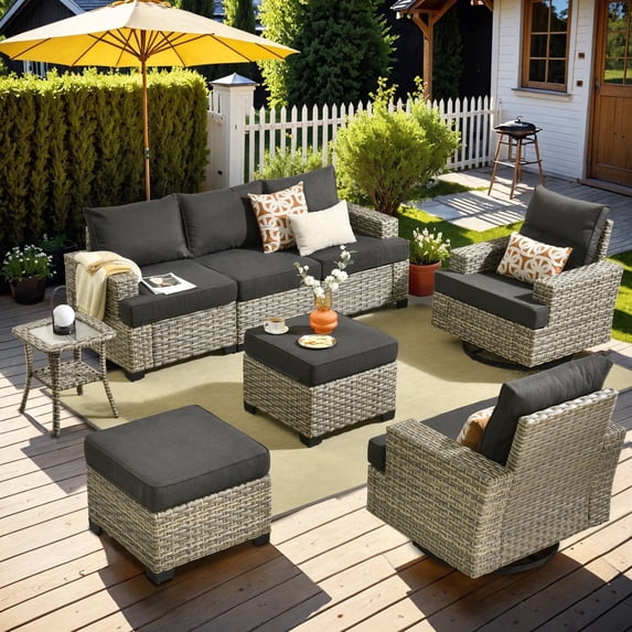 XIZZI 8 Pieces Outdoor Patio Furniture All Weather Rattan Conversation Set High Back Seating Set Modular Outside Sectional Sofa with Swivel Rocking Chairs for Porch,Balck
