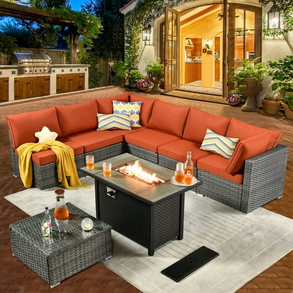 XIZZI 8 Pieces Patio Furniture Set Wicker Rattan Conversation Set with Propane Gas Fire Pit Table,Orange
