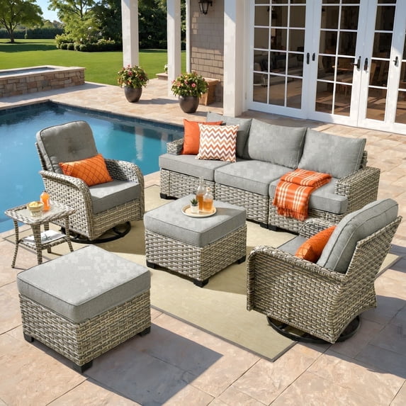 XIZZI 8-Piece Outdoor Patio Sectional Furniture Sets, Wicker Patio furniture with Swivel Chairs, Waterproof Outdoor Conversation Set for Backyard, Dark Gray