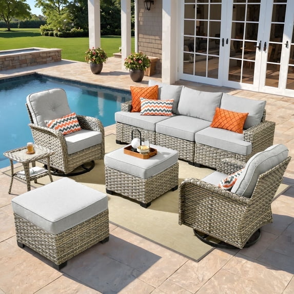 XIZZI 8-Piece Outdoor Patio Sectional Furniture Sets, Wicker Patio furniture with Swivel Chairs, Waterproof Outdoor Conversation Set for Backyard, Gray