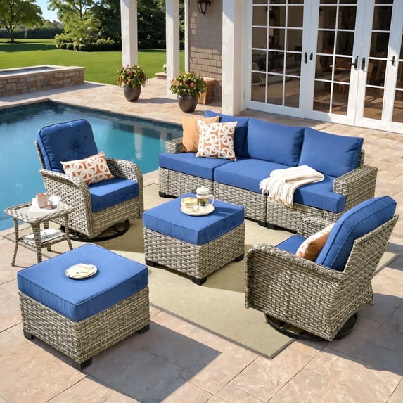 XIZZI 8-Piece Outdoor Patio Sectional Furniture Sets, Wicker Patio furniture with Swivel Chairs, Waterproof Outdoor Conversation Set for Backyard, Navy Blue