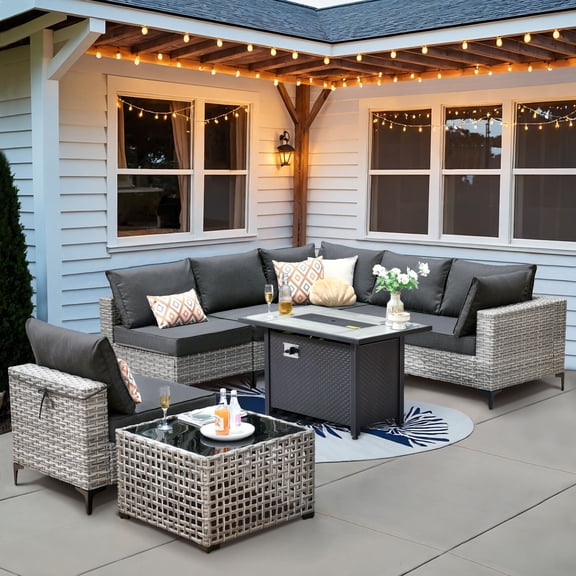 XIZZI 8 Pieces Wicker Patio Furniture Modular Outdoor Conversation Set Rattan Patio Sectionals with Glowing Coffee Table and Fire Pit Table for Garden, Black