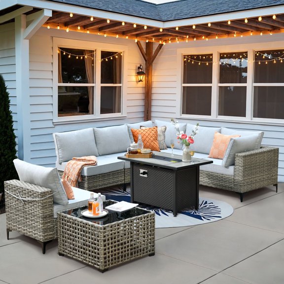 XIZZI 8 Pieces Wicker Patio Furniture Modular Outdoor Conversation Set Rattan Patio Sectionals with Glowing Coffee Table and Fire Pit Table for Garden, Gray