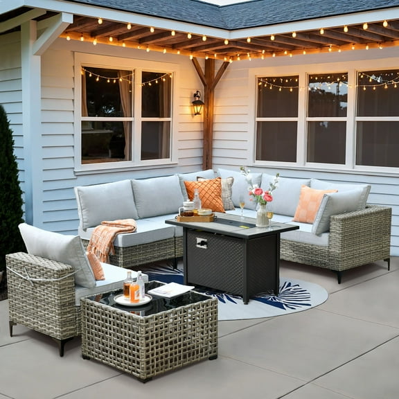 XIZZI 8 Pieces Wicker Patio Furniture Modular Outdoor Conversation Set Rattan Patio Sectionals with Glowing Coffee Table and Fire Pit Table for Garden, Gray