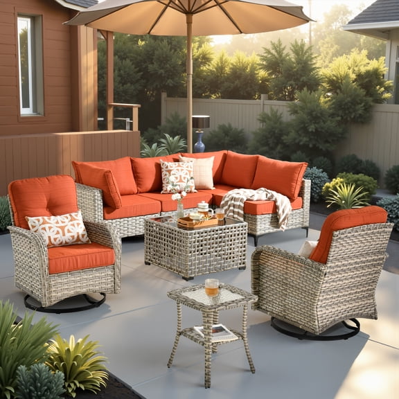 XIZZI 8 Pieces Wicker Patio Furniture with Swivel Rocking Chair Rattan Outdoor Conversation Set Patio Sectionals Set with Glowing Coffee Table for Porch, Coarse Orange Red