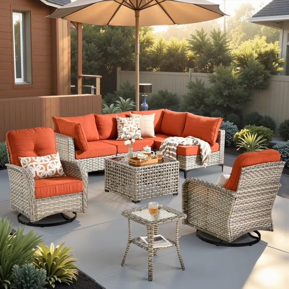 XIZZI 8 Pieces Wicker Patio Furniture with Swivel Rocking Chair Rattan Outdoor Conversation Set Patio Sectionals Set with Glowing Coffee Table for Porch, Coarse Orange Red