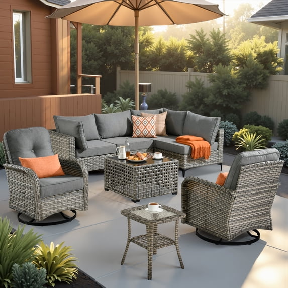 XIZZI 8 Pieces Wicker Patio Furniture with Swivel Rocking Chair Rattan Outdoor Conversation Set Patio Sectional Set with Glowing Coffee Table for Porch, Dark Gray