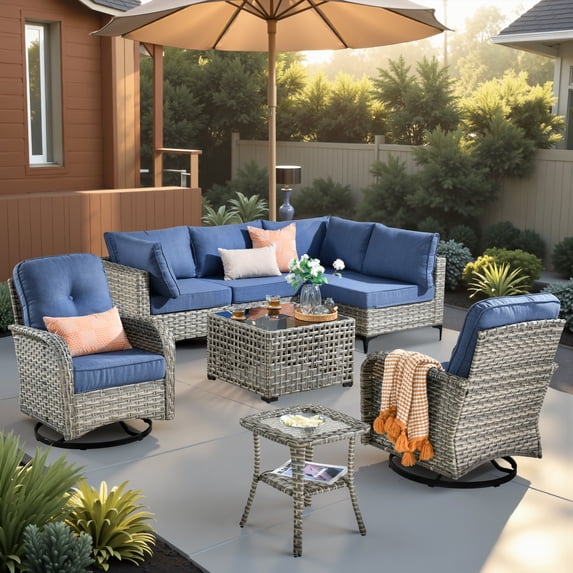 XIZZI 8 Pieces Wicker Patio Furniture with Swivel Rocking Chair Rattan Outdoor Conversation Set Patio Sectionals Set with Glowing Coffee Table for Porch, Diamond Blue