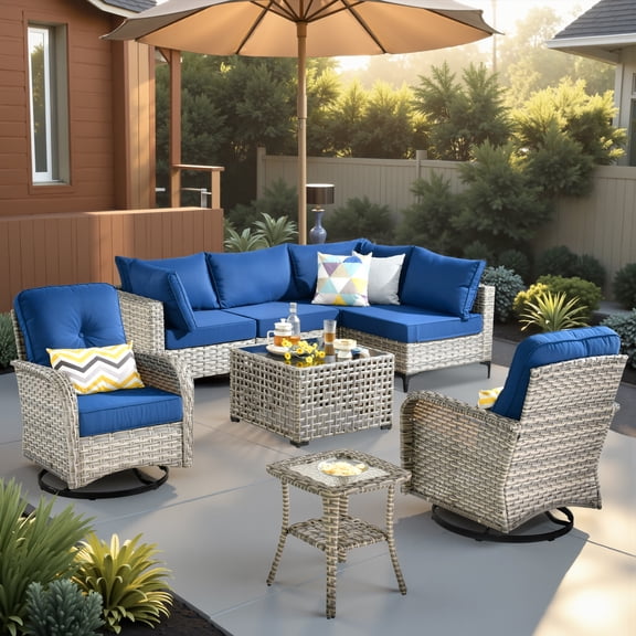 XIZZI 8 Pieces Wicker Patio Furniture with Swivel Rocking Chair Rattan Outdoor Conversation Set Patio Sectionals Set with Glowing Coffee Table for Porch, Navy Blue
