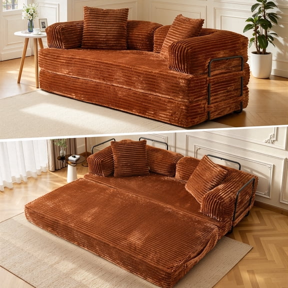 XIZZI 80.5" Convertible Sleeper Sofa Bed, Cloud Boneless Couch with Plush Corduroy Fabric, Sprung Support,Oversize Three Seats Combination Sofa for Living Room Bedroom, Brown