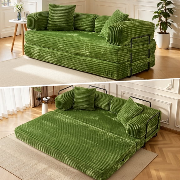 XIZZI 80.5" Convertible Sleeper Sofa Bed, Cloud Boneless Couch with Plush Corduroy Fabric, Sprung Support,Oversize Three Seats Combination Sofa for Living Room Bedroom, Green