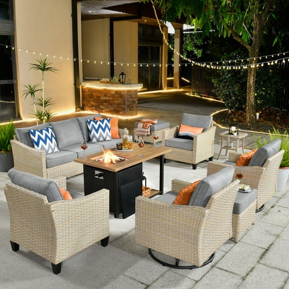 XIZZI 9 PCS Outdoor Furniture Conversation Set with Swivel Chair and Fire Pit,Gray