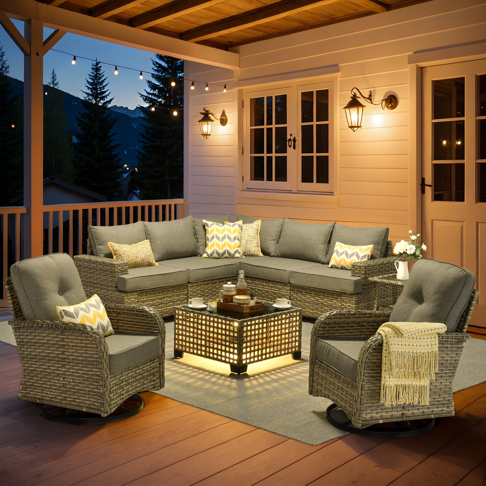 XIZZI 9-Piece Outdoor Sectional Patio Furniture Sets, Wicker Patio furniture with Swivel Chairs and Coffee Table, Rattan Outdoor Conversation Set for Balcony, Porch, Backyard, Dark Gray