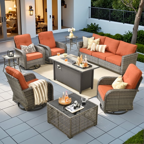 XIZZI 9-Piece Patio Furniture Set Outdoor Furniture with Fire Pit and 4 Swivel Chairs, High-Back All-Weather Rattan Wicker Outdoor Conversation Set with Solar Light Coffee Table Orange Red