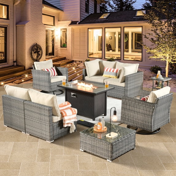 XIZZI 9 Pieces Outdoor Furniture Sectional Sofa Patio Set with Swivel Rocking Chair and Fire Pit Table,Beige