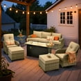 thumbnail image 1 of XIZZI 9 Pieces Outdoor Patio Furniture High Back Wicker Conversation Set Modular Rattan Patio Sectionals with Fire Pit Table and Swivel Rocking Chairs for Backyard, Beige, 1 of 8