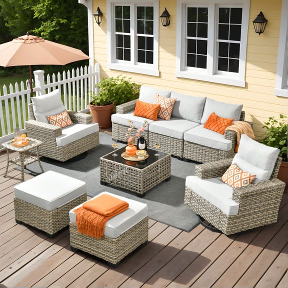 XIZZI 9 Pieces Wicker Outdoor Patio Furniture with Coffee Tables and Swivel Chairs, Modular Sectional Sofa Patio Conversation Set for Backyard, Gray