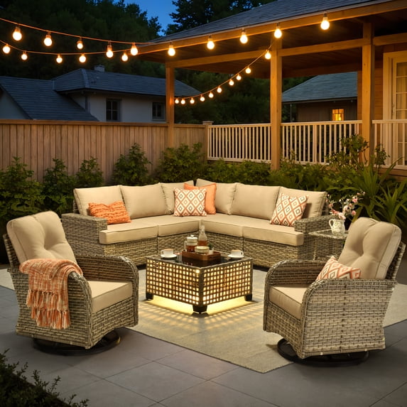 XIZZI 9-Piece Outdoor Patio Sectional Furniture Sets, Wicker Patio furniture with Coffee Table and Swivel Chairs, Waterproof Outdoor Conversation Set for Balcony, Porch, Backyard, Beige