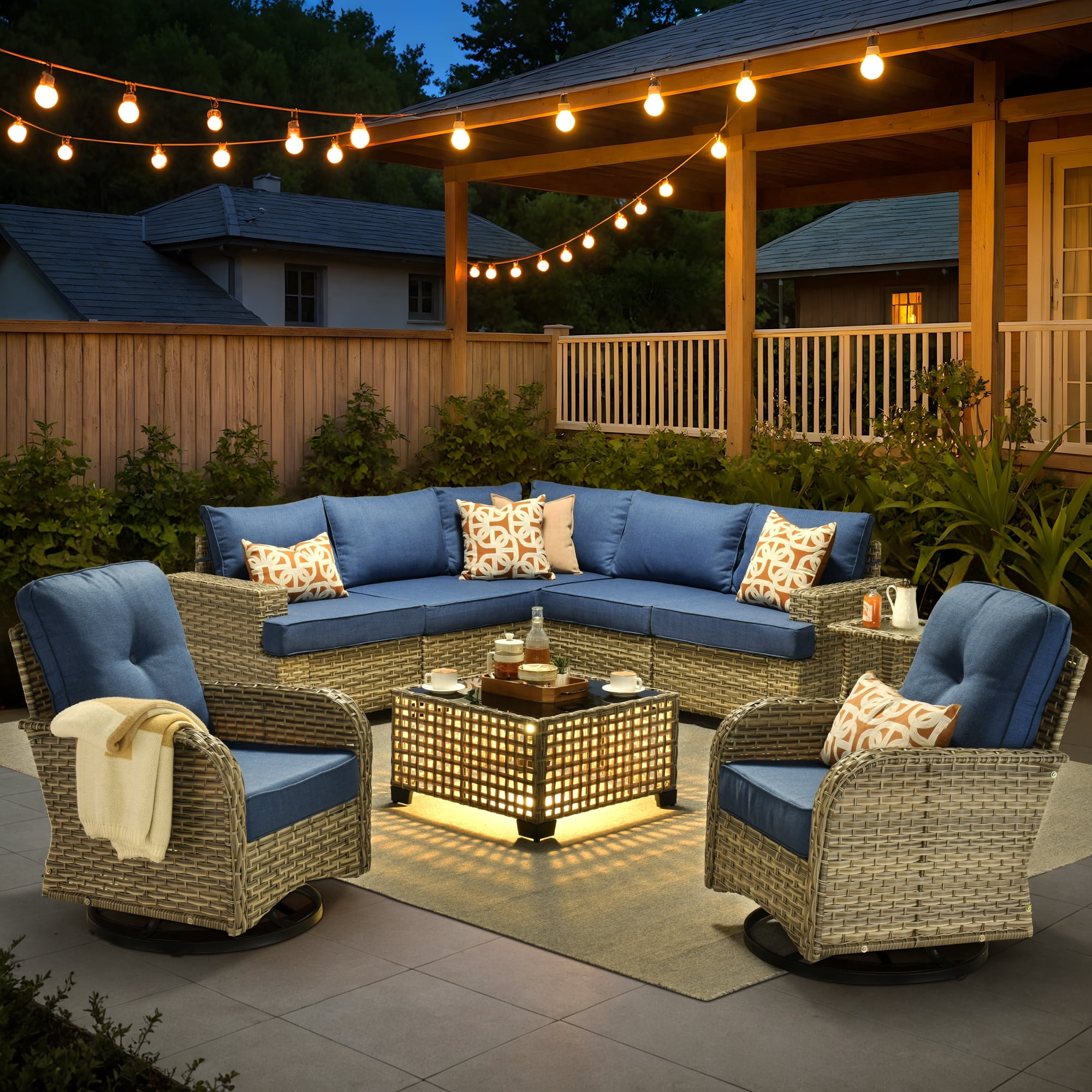XIZZI 9-Piece Outdoor Patio Sectional Furniture Sets, Wicker Patio furniture with Coffee Table and Swivel Chairs, Waterproof Outdoor Conversation Set for Balcony, Porch, Backyard, Denim Blue