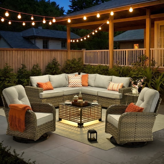 XIZZI 9-Piece Outdoor Patio Sectional Furniture Sets, Wicker Patio furniture with Coffee Table and Swivel Chairs, Waterproof Outdoor Conversation Set for Balcony, Porch, Backyard, Gray