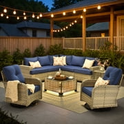 XIZZI 9-Piece Outdoor Patio Sectional Furniture Sets, Wicker Patio furniture with Coffee Table and Swivel Chairs, Waterproof Outdoor Conversation Set for Balcony, Porch, Backyard, Navy Blue