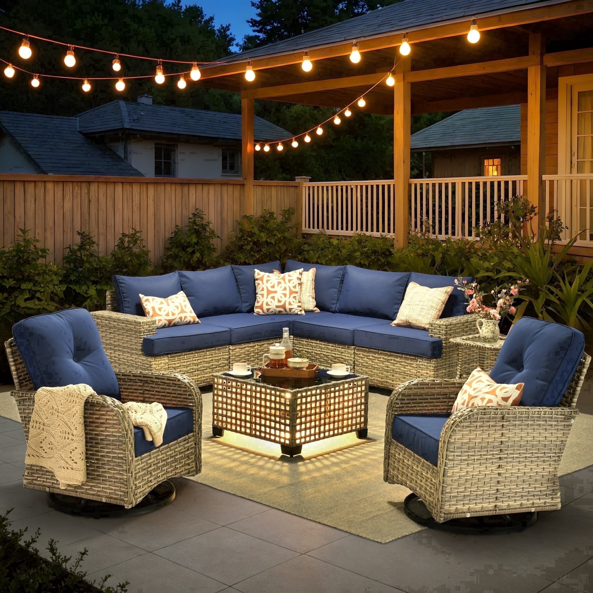 XIZZI 9-Piece Outdoor Patio Sectional Furniture Sets, Wicker Patio furniture with Coffee Table and Swivel Chairs, Waterproof Outdoor Conversation Set for Balcony, Porch, Backyard, Navy Blue