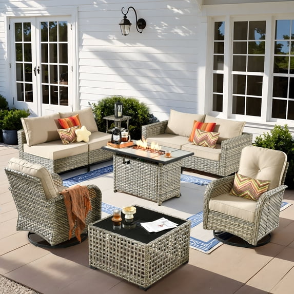 XIZZI 9 Pieces Wicker Patio Furniture Outdoor Conversation Set with Fire Pit Table and Swivel Rocking Chairs Rattan Patio Sectional Sofa with Cushions for Backyard, Beige