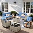 thumbnail image 1 of XIZZI 9 Pieces Wicker Patio Furniture Outdoor Conversation Set with Fire Pit Table and Swivel Rocking Chairs Rattan Patio Sectional Sofa with Cushions for Backyard, Diamond Blue, 1 of 12