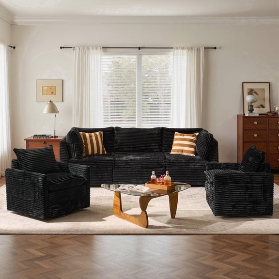XIZZI 95" Modular Sectional Sofa,Oversized Cloud Couch with Deep Seat,Modern Sectional Couches with Two Swivel Accent Chairs for Living Room,5 Seat,Black