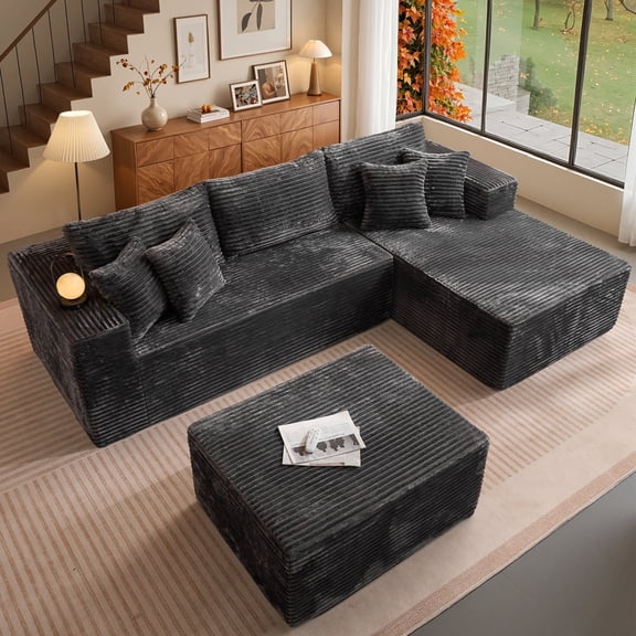 XIZZI 108" L-Shape Modular Sectional Sofa, Oversize Cloud Boneless Couch with Ottoman for Living Room, Deep Seat ,Ultra-Dense Foam Filling, No Assembly Required, Right Chaise, Gray