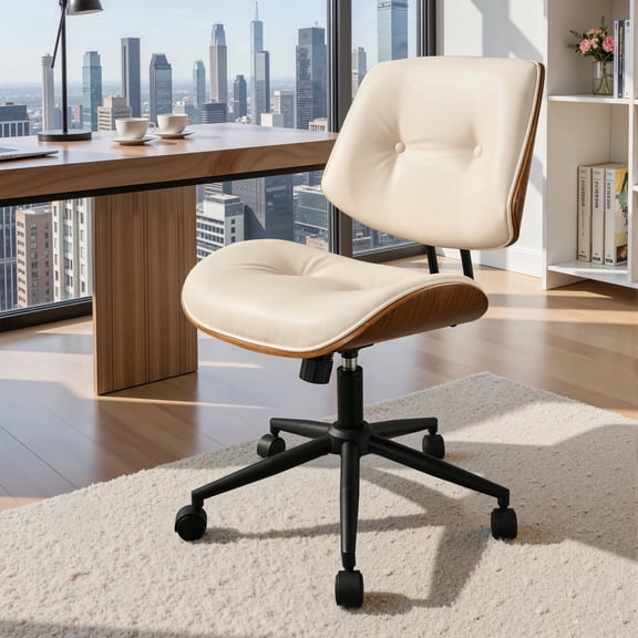 XIZZI Home Office Chair, Armless Mid-Century Ergonomic Desk Chair with 3" Thick Cushion, Premium PU Leather Mid Back 360 Swivel Computer Chair with Walnut Design, Button-Tufted White