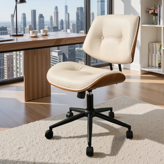 XIZZI Home Office Chair, Armless Mid-Century Ergonomic Desk Chair with 3" Thick Cushion, Premium PU Leather Mid Back 360 Swivel Computer Chair with Walnut Design, Button-Tufted White