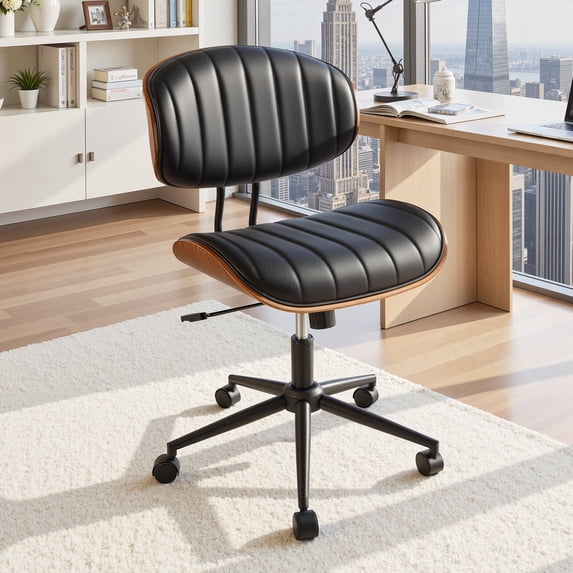 XIZZI Home Office Chair, Armless Mid-Century Ergonomic Desk Chair with 3" Thick Cushion, Premium PU Leather Mid Back 360 Swivel Computer Chair with Walnut Design, Ribbed Black