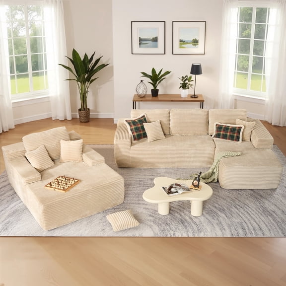 XIZZI Modular Sectional Sofa Couch Set, Deep Seat L-Shape Upholstered Couch & Large Sofa Bed, Modern Minimalist Couches for Living Room, Bedroom, Right Chaise, Beige - Plush Fabric