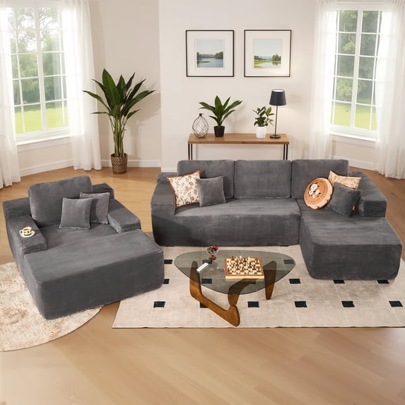 XIZZI Modular Sectional Sofa Couch Set, Deep Seat L-Shape Upholstered Couch & Large Sofa Bed, Modern Minimalist Couches for Living Room, Bedroom, Right Chaise, Gray - Corduroy Fabric