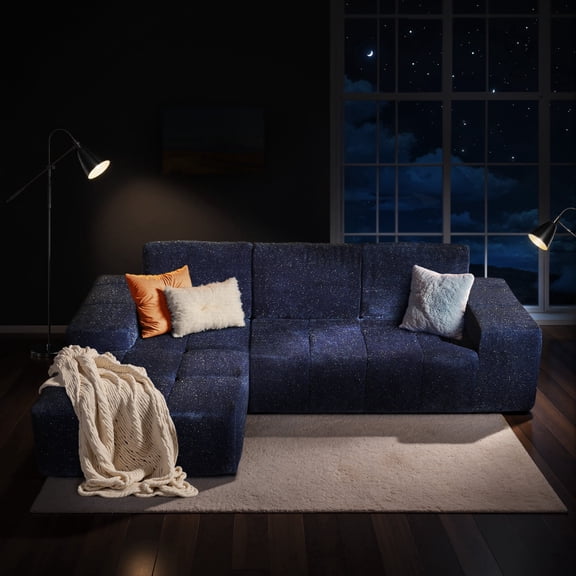 XIZZI 114" Modular Sectional Sofa, No Assembly, Luxe Cloud Boneless Couch with Starry Sparkle Velvet Fabric, High Density Foam & Pocket Springs, Left Chaise, Blue