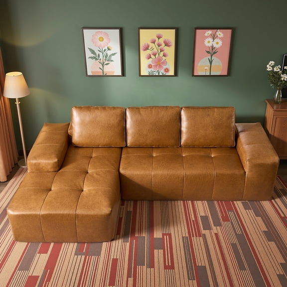 XIZZI 114" Modular Sectional Sofa, Luxe Synthetic Leather Sofa with High Density Foam and Pocket Springs, No Assembly, Cloud Boneless Couch for Living Room, Left Chaise, Brown