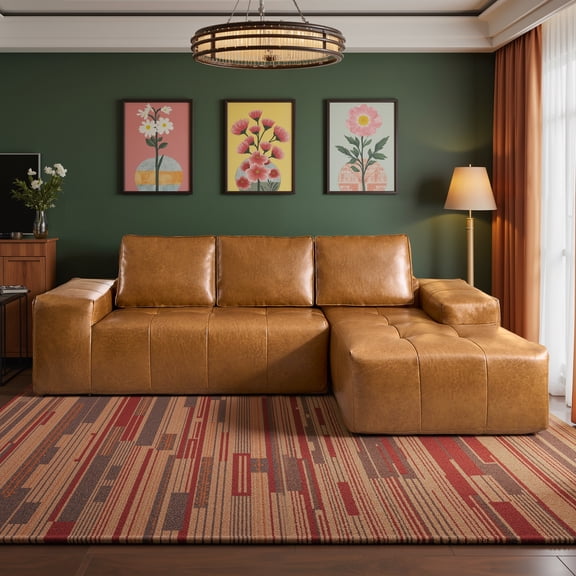 XIZZI Modular Sectional Sofa, Quick-Ship Sofa w/ Zero Assembly, High Density Foam & Pocket Springs, Right Chaise, Brown - Synthetic Leather