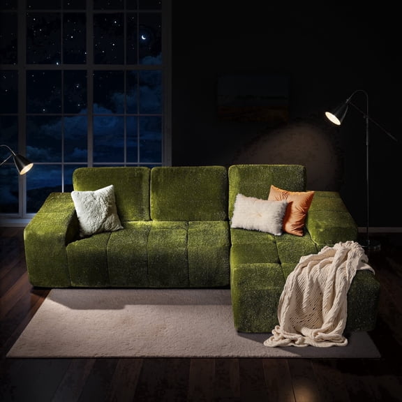 XIZZI 99.2" Modular Sectional Sofa, No Assembly, Luxe Cloud Boneless Couch with Starry Sparkle Velvet Fabric, High Density Foam & Pocket Springs, Right Chaise, Green