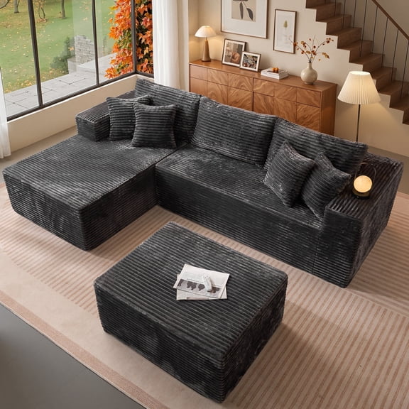 XIZZI 108" L-Shape Modular Sectional Sofa, Oversize Cloud Boneless Couch with Ottoman for Living Room, Deep Seat ,Ultra-Dense Foam Filling, No Assembly Required, Left Chaise, Gray