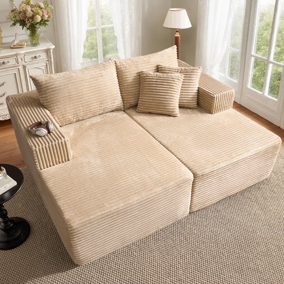 XIZZI Oversized Chaise Lounge Chair Indoor Double, Modular Sectional Sofa with Plush Corduroy, Sleeper Sofa Boneless Couch for Living Room Bedroom, No Assembly Required, Beige