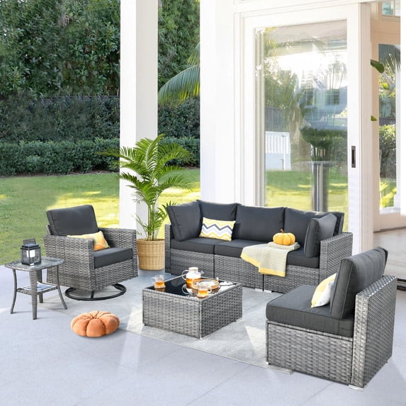 XIZZI Outdoor Furniture Set 7 PCS Rattan Wicker Patio Conversation Set,Black