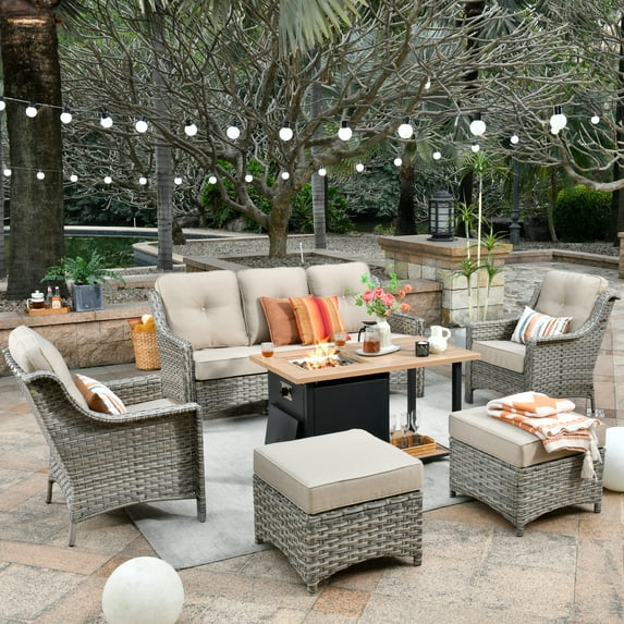 XIZZI Outdoor Furniture Set High Back 6 Pieces Patio Conversation Set with Gas Fire Pit Table,Beige