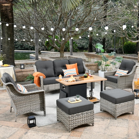 XIZZI Outdoor Furniture Set High Back 6 Pieces Patio Conversation Set with Gas Fire Pit Table,Black