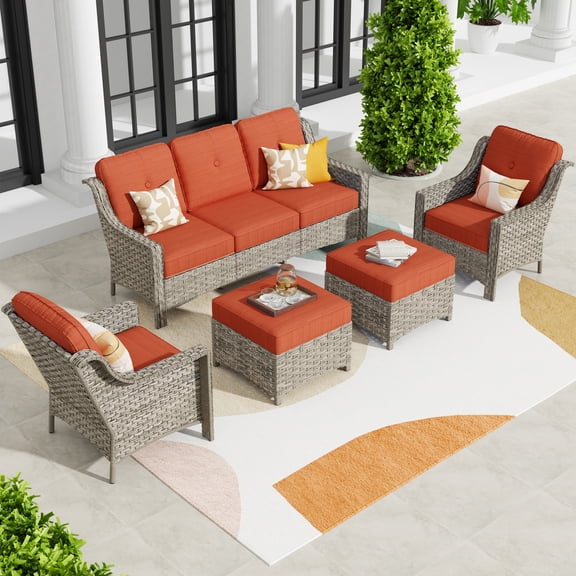 XIZZI Outdoor Patio Furniture Set PE Wicker Rattan 3 Seat Sofa Conversation Set with Chair and Ottoman,Orange