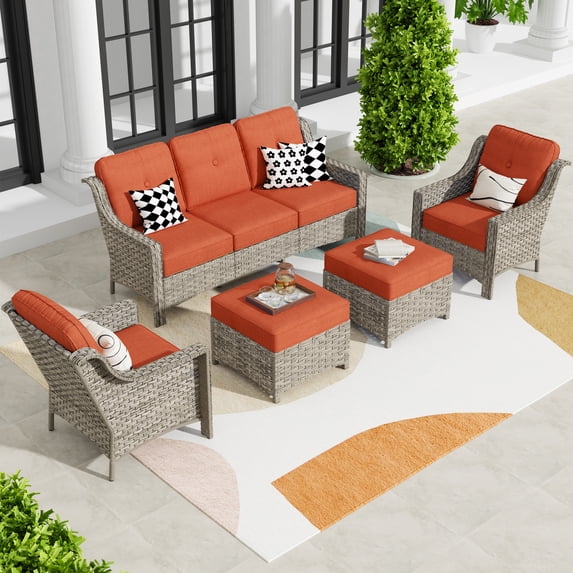 XIZZI Outdoor Patio Furniture Set PE Wicker Rattan 3 Seat Sofa Conversation Set with Chair and Ottoman,Red