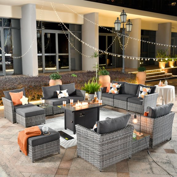 XIZZI Outdoor Wicker Patio Set Furniture Conversation Set with Fire Pit Table,Black